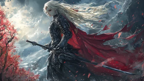 Armored female warrior with sword in stormy mountain pass.