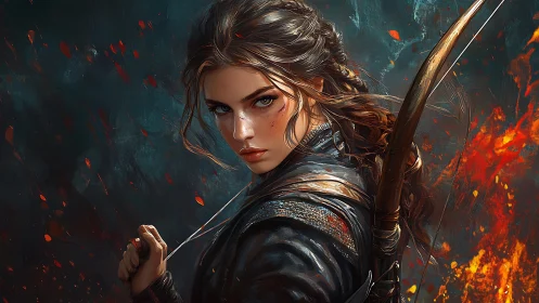 Warrior archer woman amid fire and embers, intense gaze.