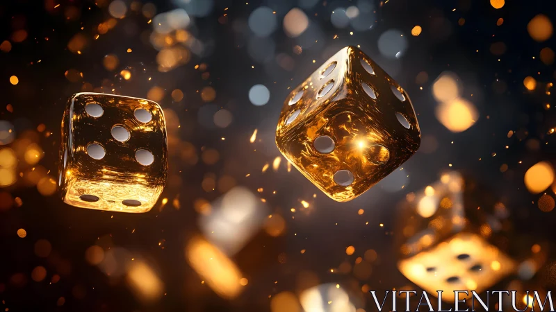 Golden translucent dice suspended in cinematic bokeh glow.