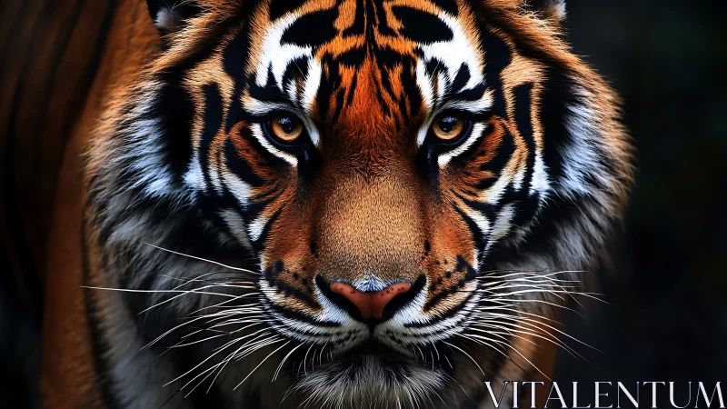 Tiger face fills frame under shadowed light and direct gaze