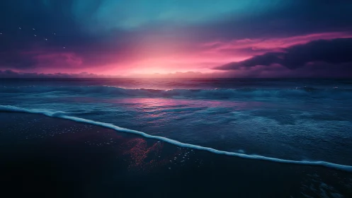 Neon dusk seascape with iridescent waves and magenta horizon glow