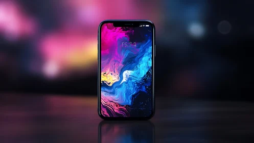 Smartphone displaying abstract fluid gradient wallpaper composition