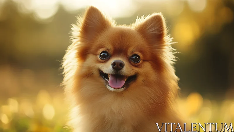 Fluffy Pomeranian smiles warmly in soft golden sunlight.