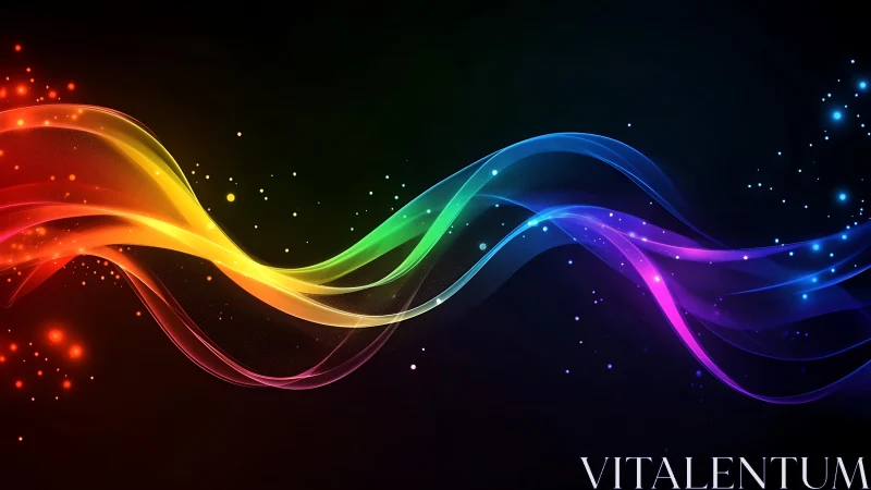 Multicolored light wave arcs across dark digital background