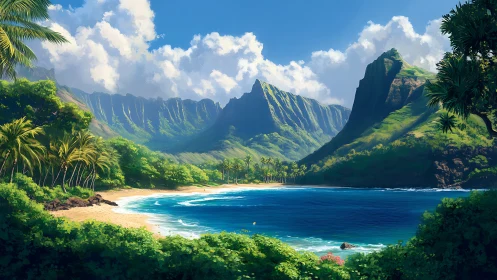 Hawaiian Valley Paradise. Towering Cliffs Frame Pristine Beach.