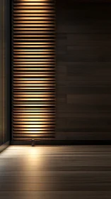 Vertical slatted wall with architectural uplight in wood interior.
