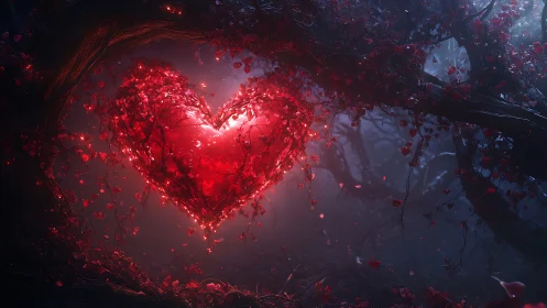 Glowing Red Heart Surrounded by Dark Forest Foliage.
