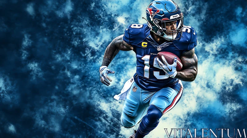 Dynamic football runner charges ahead through electric blue haze