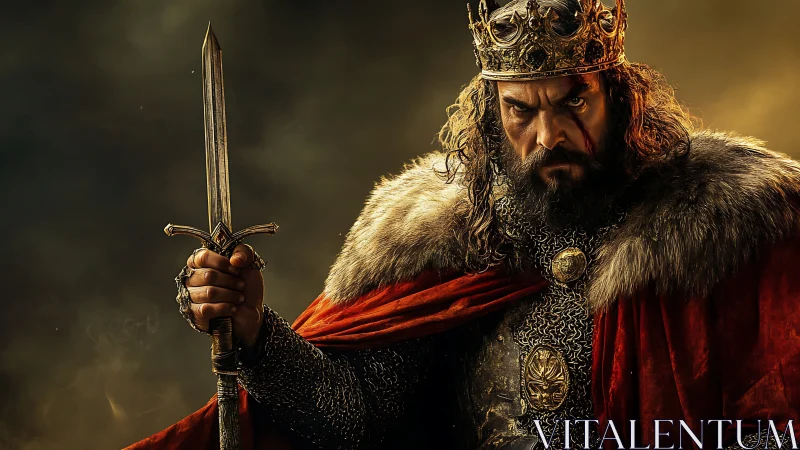 Medieval king in armor holding sword against dark backdrop.