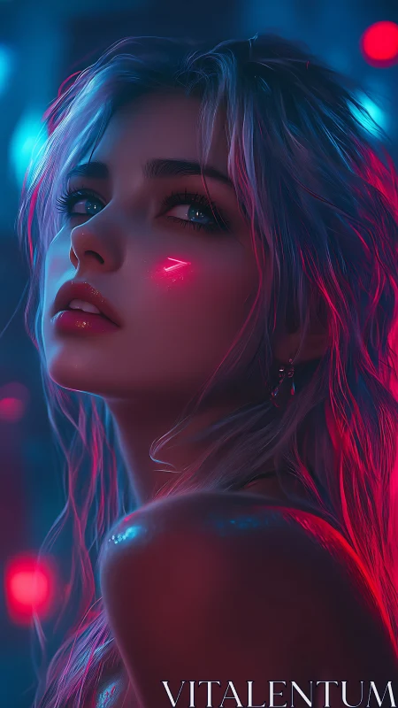 Neon-lit cyber muse gazes upward in luminous portrait.