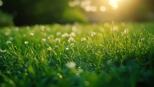 Backlit dewy grass macro at sunrise with shallow depth of field.