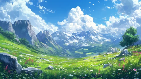 Sunlit alpine meadow opens toward distant snowy peaks