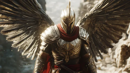 Winged golden warrior stands armored in rocky canyon light