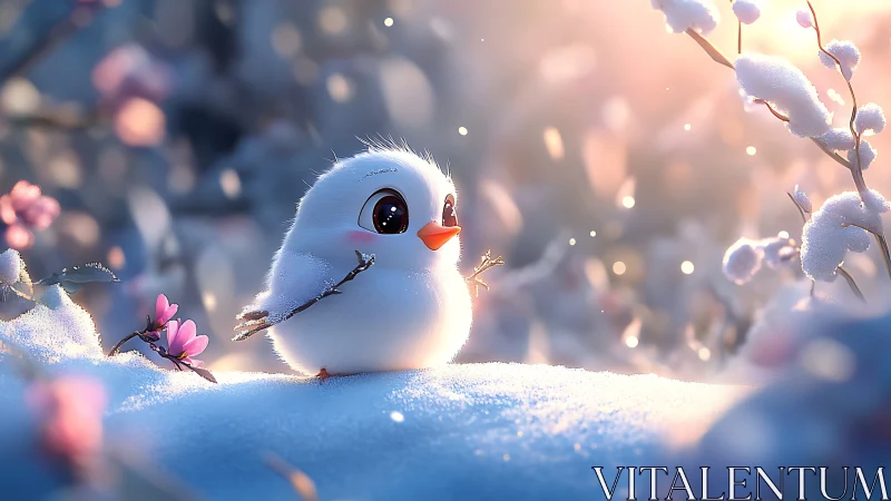 Spherical Avian Entity with Anthropomorphic Features in Luminous Winter Landscape.