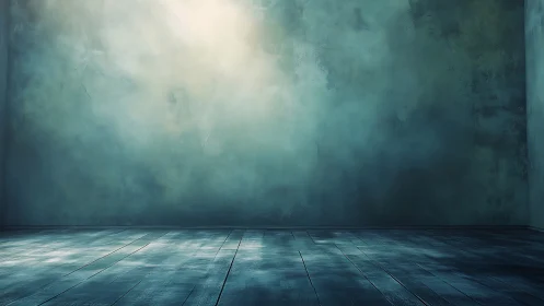 Empty teal room shows textured wall and wooden floor