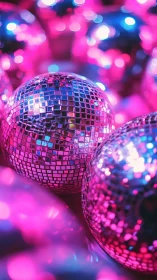 Neon mirror spheres juggle shards of light in electric pink haze