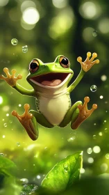 Joy-sparked tree frog leaping through sunlit forest droplets.