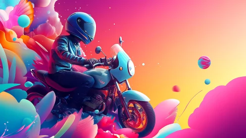Colorful motorcyclist cruising through dreamy neon clouds.