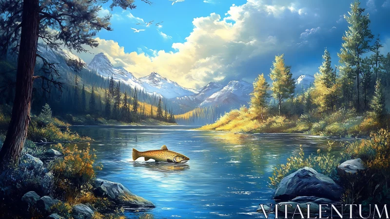 Golden trout breaks a sunlit alpine lake’s glassy silence