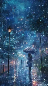 Woman walks under umbrella on rainy blue city pathway