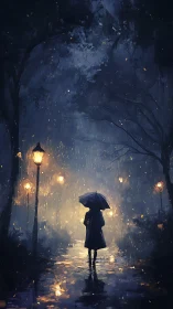 Figure with umbrella on rainy night path under streetlights.