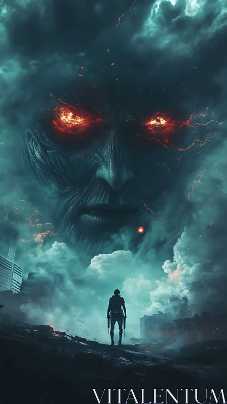 Lone warrior confronts colossal fiery entity in stormy ruins