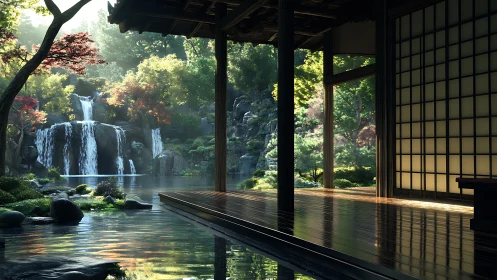 Zen veranda overlooking sunlit forest waterfall garden.