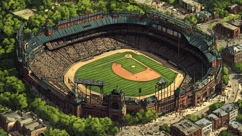 Crowded baseball stadium in detailed aerial city view.