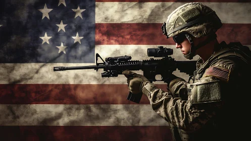 US soldier aims rifle before weathered American flag backdrop