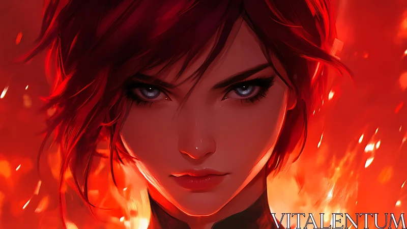 Digital portrait shows red haired woman against fiery backdrop