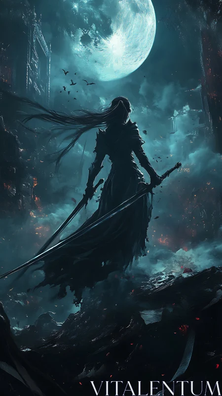 Lunar backlit dual-blade wraith on volcanic ruins horizon.