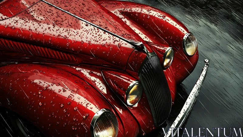 Crimson classic coupe glistening in a soft silver rain.