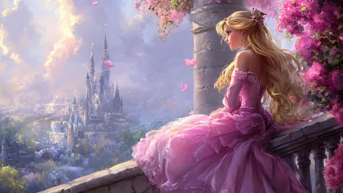 Romantic balcony scene frames princess in layered rose gown
