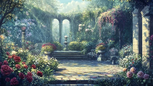 Sunlit floral courtyard with romantic stone arches garden.