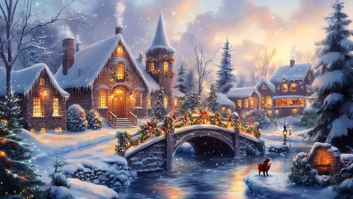 Illuminated winter village bridge in high-detail festive snowfall.