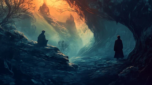 Bifurcated cavern path with cloaked figures in dusk light