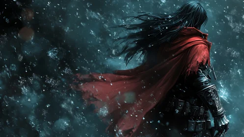 Wanderer in the crimson cloak crossing a storm of sparks.