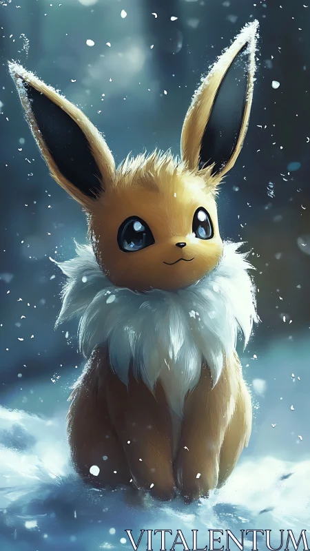 Furry creature with large ears sitting in falling snow.