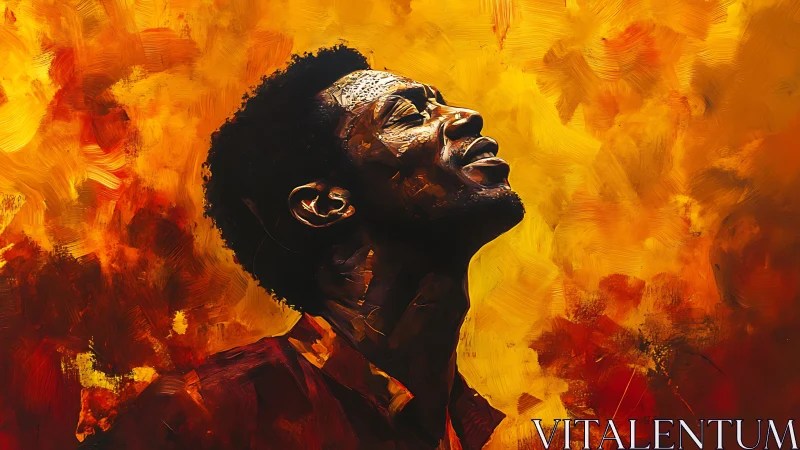 Man looking upward against vivid yellow and red background.