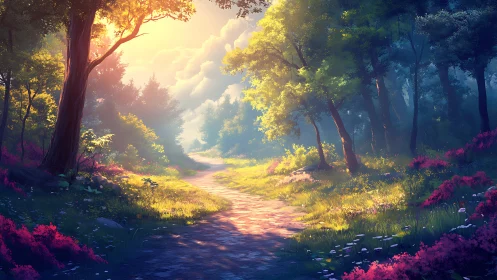 Forest path illuminated by atmospheric golden sunlight through canopy