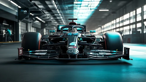 3D Formula 1 race car render in futuristic pit garage.