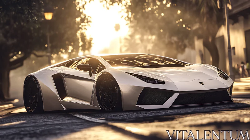 Low-angle view shows white supercar parked on sunlit street