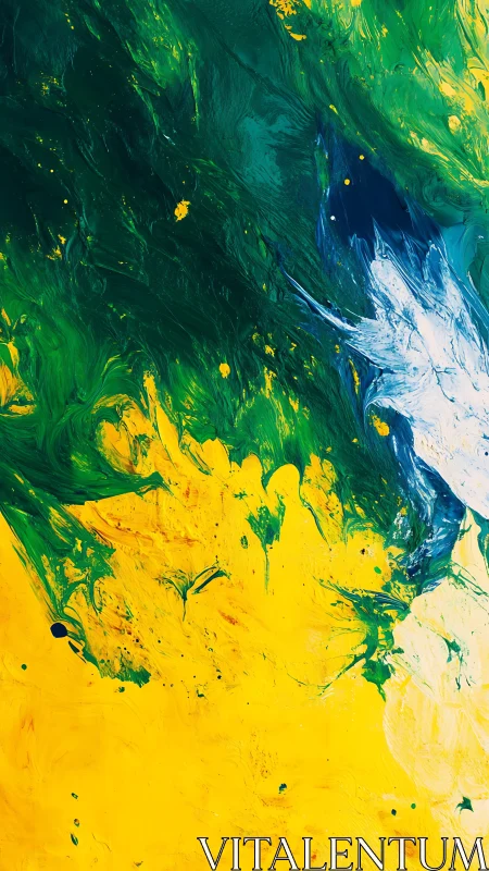 Green and yellow abstract acrylic with white accent plume.