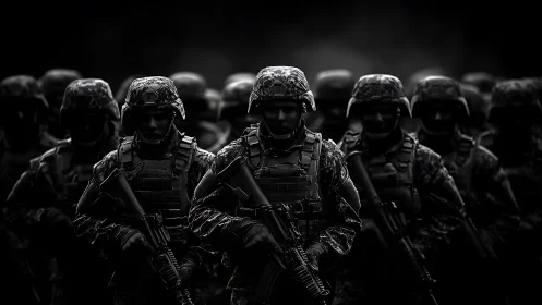 Low-key formation of armed infantry soldiers in tactical gear