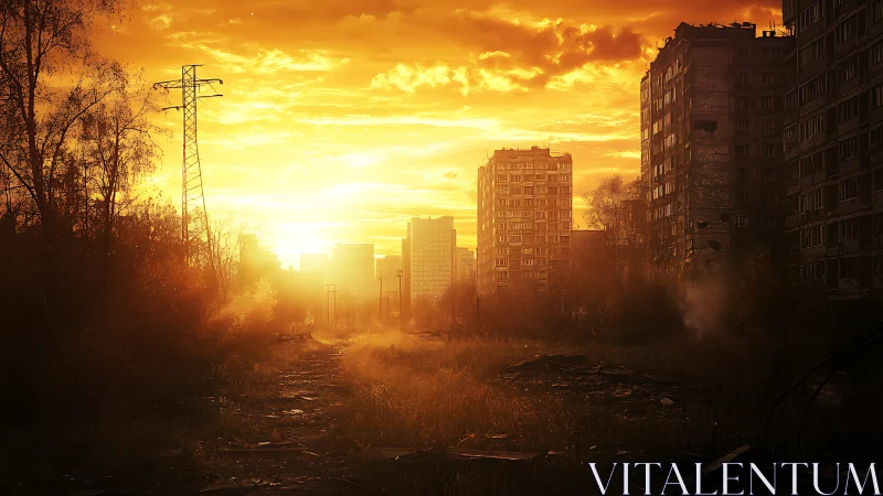 Sunlit abandoned city street framed by ruined high rises