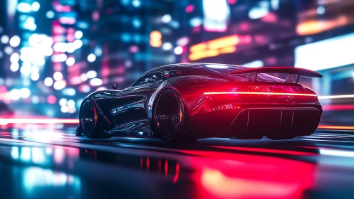 Futuristic supercar glides through neon city with dynamic light trails.