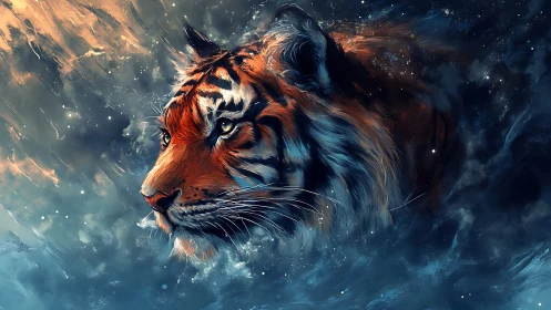 Tiger head emerges through swirling cosmic mist and light