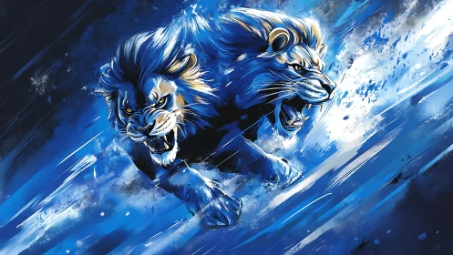 Twin blue lions racing through a storm of wild energy.