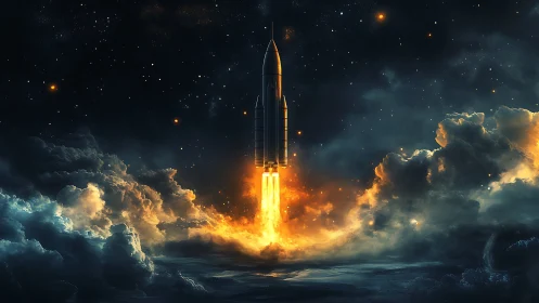 Rocket launch piercing luminous storm clouds at night sky.