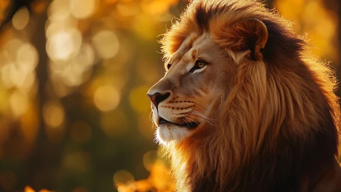 Majestic lion profile in glowing autumn bokeh light.